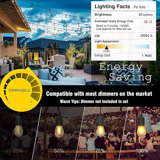 String Lights 150 Ft Outdoor LED Edison Bulbs, Dimmable Warm White
