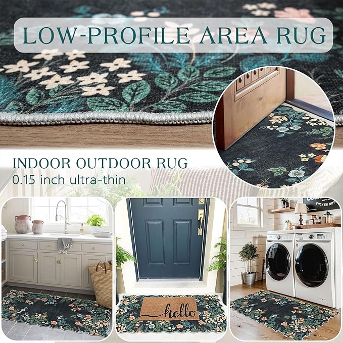 Outdoor Rug Non-Slip Boho Floral Door Mat, Black, 2 x 4.3 Ft