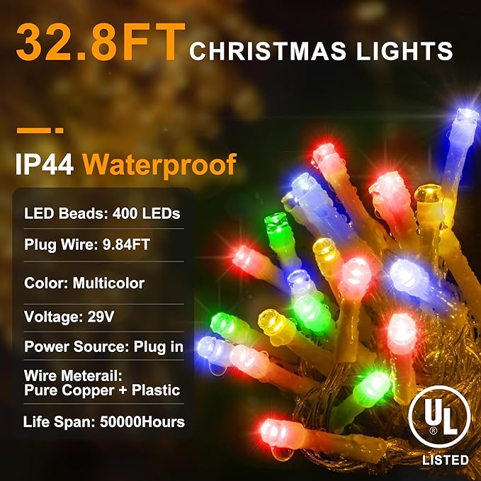 String Lights, 400 LED Outdoor Christmas Lights, 33 ft Multicolor