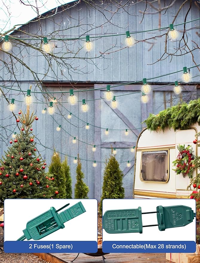 String Lights, 25 FT G40 Round Globe LED, Warm White on Green Wire