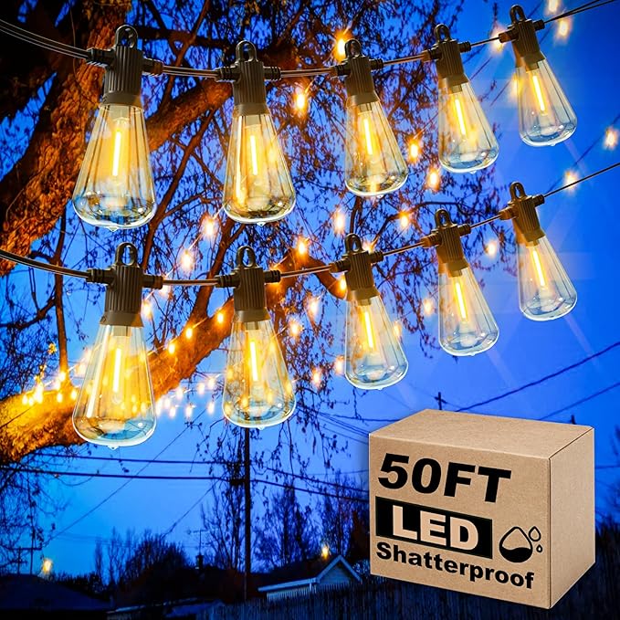 String Lights 50 ft Outdoor Vintage Edison Bulbs, Warm White