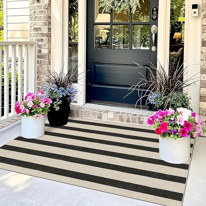 Outdoor Rugs, Black and White Striped Polyester Entry Mat, 3 x 5 ft
