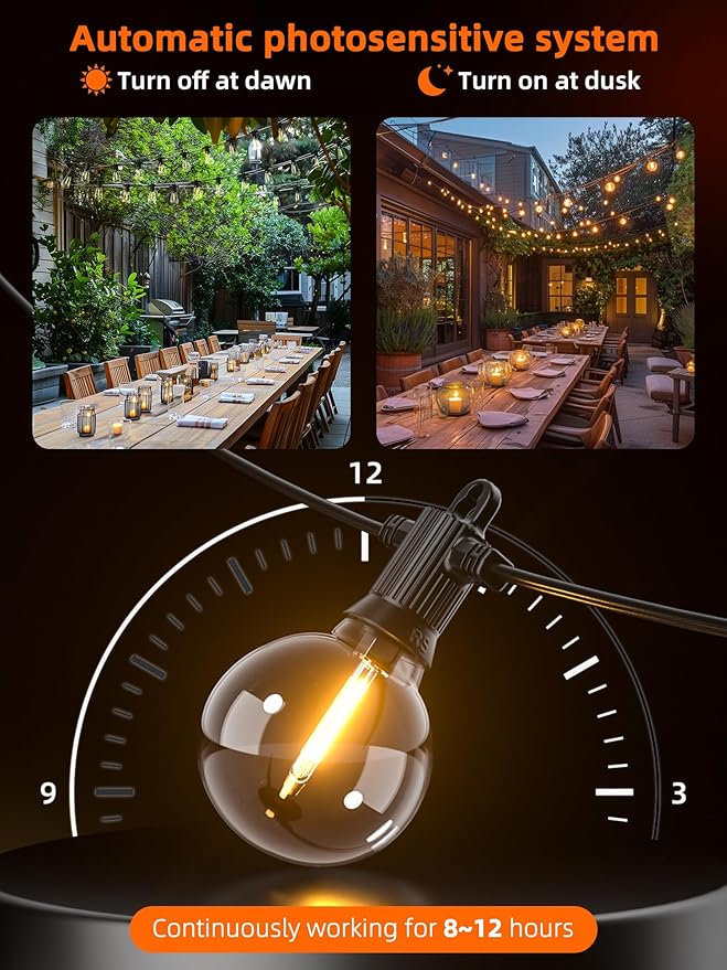 String Lights 100FT Solar Edison Bulbs IP65 Waterproof Warm White