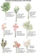 Artificial Greenery Stem Set, 47 Pieces in 9 Types, Pink and Green