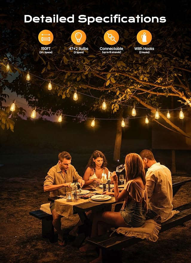 String Lights 150 Ft Black Shatterproof LED Patio Lights, Warm White