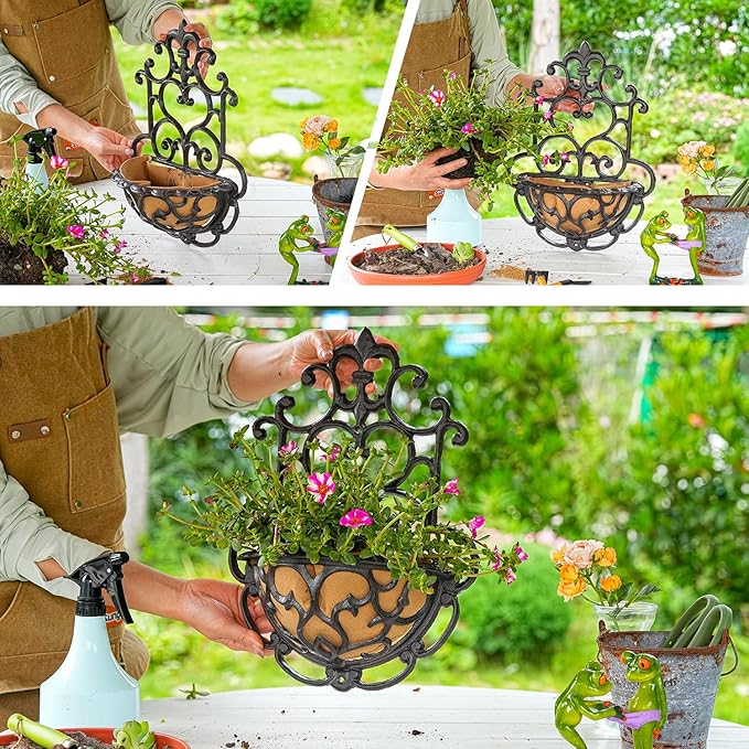 Hanging Planters: Rustic Brown Cast Iron Half Round Wall Baskets, Set of 2