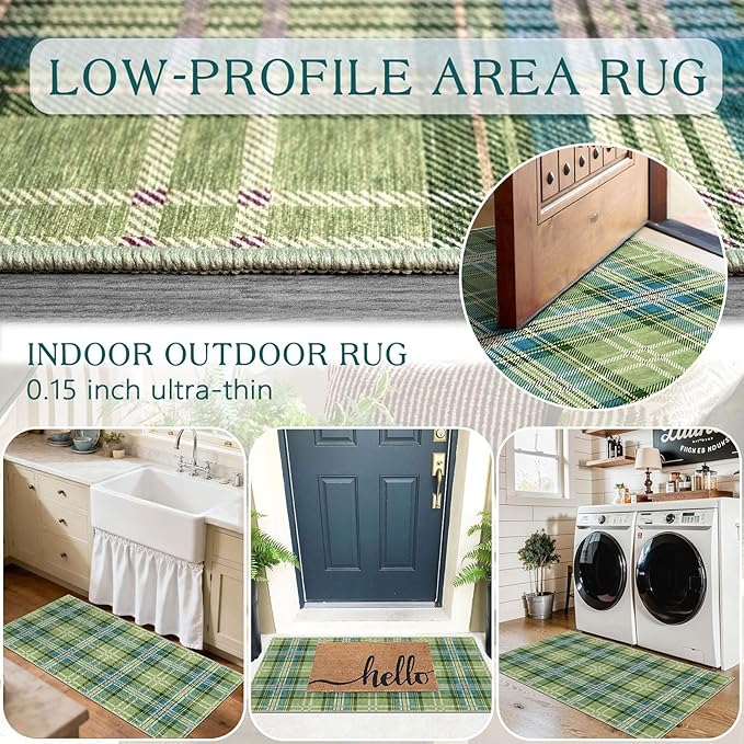 Outdoor Rug 2x4.3 Ft Green Plaid Tartan, Non-Slip Machine Washable