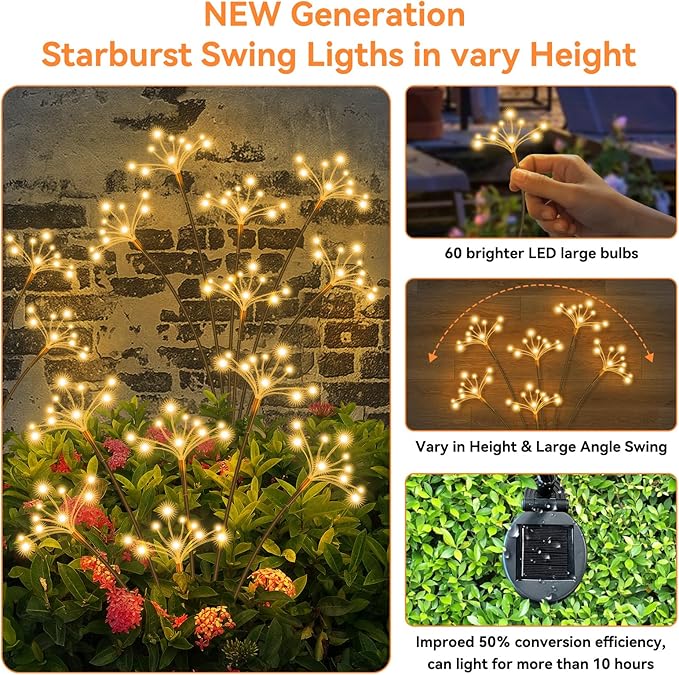 JJGoo Solar Garden Lights, New Upgraded 2 Pack Solar Swaying Starburst Light - Image 3