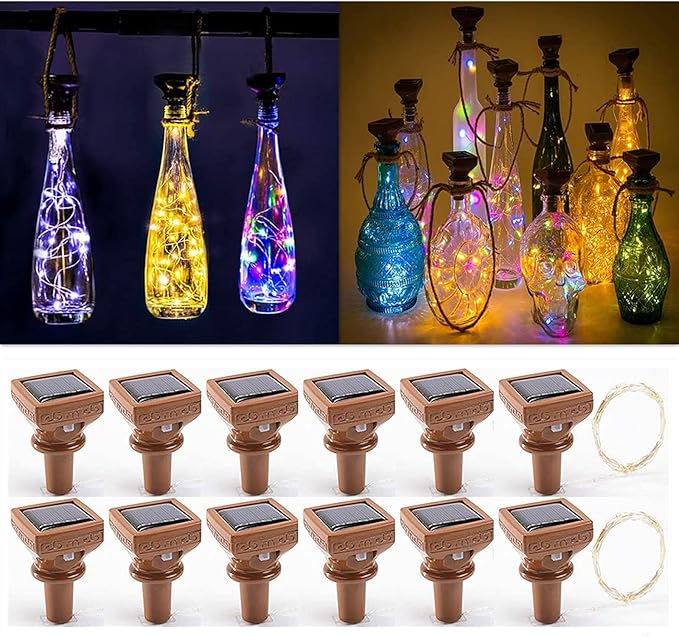 Solar Wine Bottle Lights, 12 Pack Copper Fairy String Lights in 3 Colors