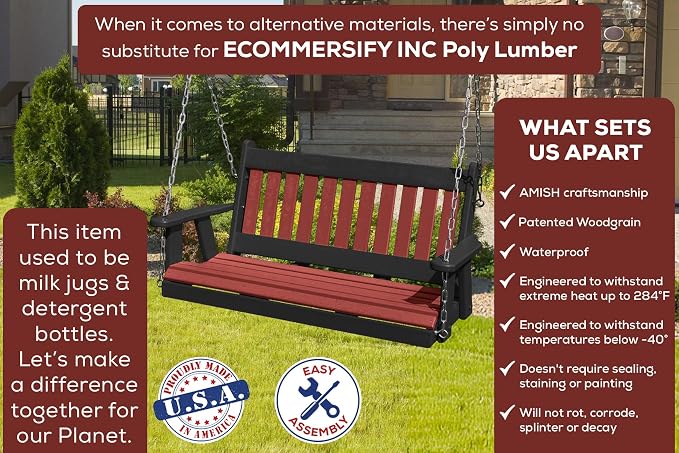 Mission Poly Lumber Wood 5FT Porch Swing Amish Craftsmandship Made in USA HDPE - Image 3