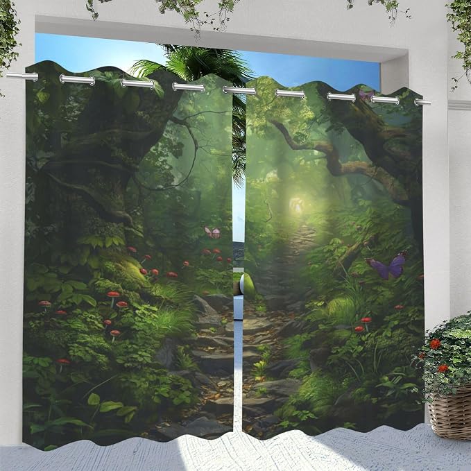 Fantasy Theme Outdoor Curtains for Patio Waterproof, Forest Pattern, - Image 2