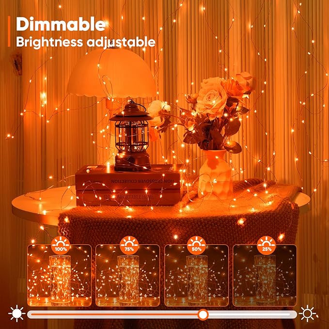 Indoor String Lights, 65.6 Ft Orange LED Battery Powered with Remote