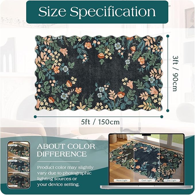 Outdoor Rug 3x5 Ft Black Floral Washable Non-Slip Entry Mat