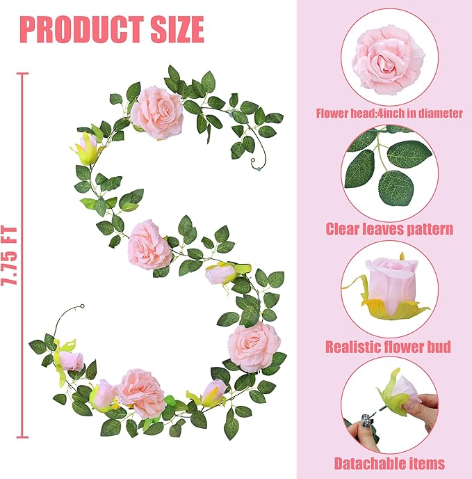 Artificial Plants Greenery Pink Silk Rose Vines, 6 Pack of 7.75 Ft Garlands