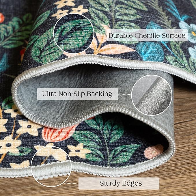 Outdoor Rug Non-Slip Boho Floral Door Mat, Black, 2 x 4.3 Ft