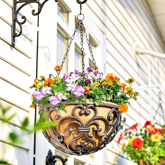 Hanging Planters, 2-Pack Round Cast Iron Baskets with Fiber Liner in Brown