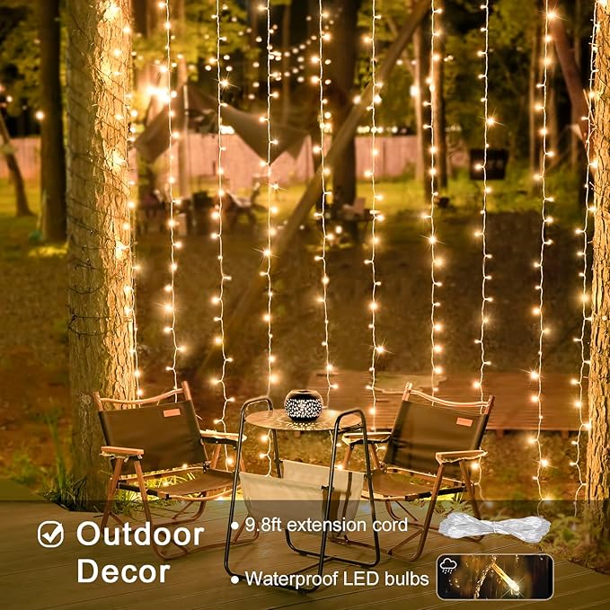 Indoor String Lights, 600 LED Warm White Curtain Lights with Remote