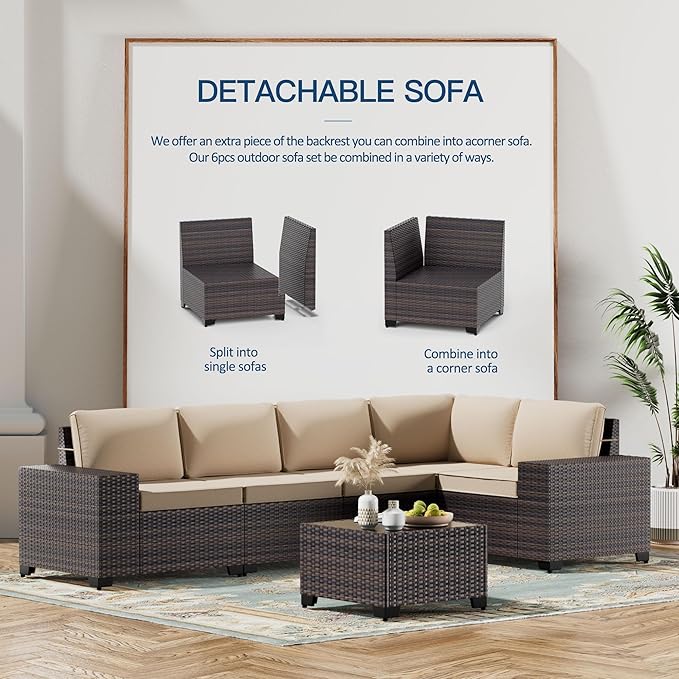 Kullavik 6PCS Outdoor Patio Furniture Set PE Wicker Rattan Sectional Sofa Patio - Image 3