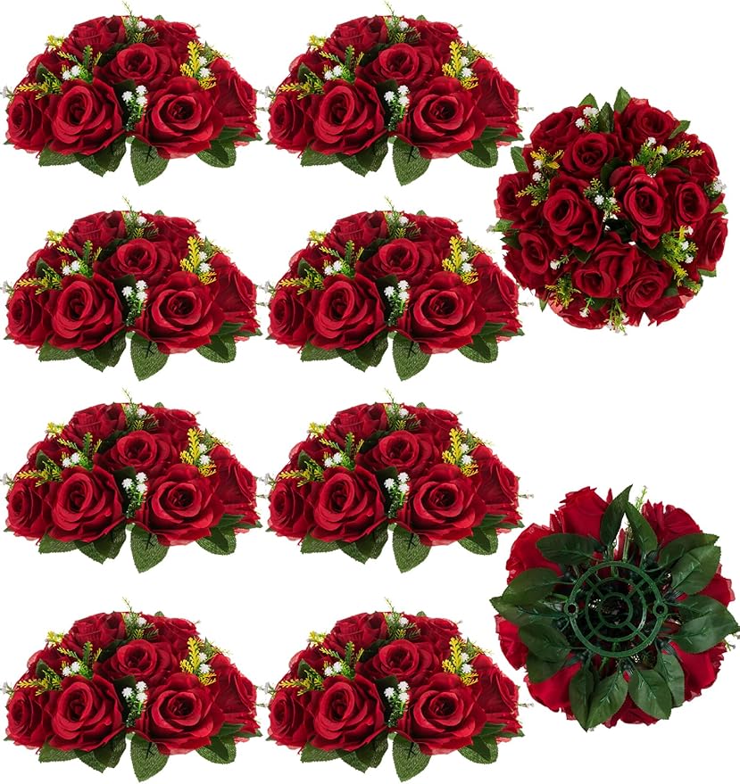 Artificial Flower Ball Centerpieces in Crimson Red Silk, 9.5 Inch