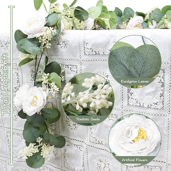 Artificial Eucalyptus Garland with Roses, 2-Piece Set, Green and White