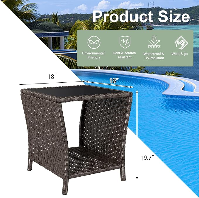Side Tables, Set of 2 Wicker Patio Tables with Glass Top and Storage Shelf