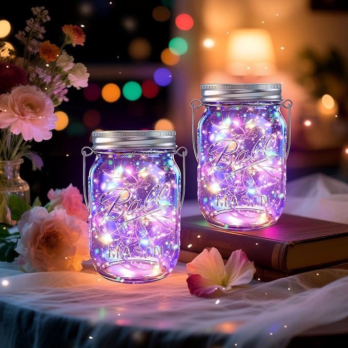 String Lights, 12 Pack Multicolor LED Solar Mason Jar Lights for Outdoor Use