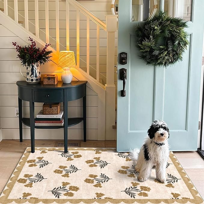 Outdoor Rug, 3x5 Beige Floral Entry Mat, Machine Washable