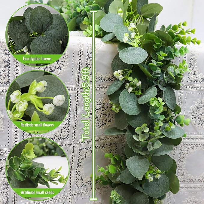 Artificial Eucalyptus Garland, 2-Pack, 5.9 Ft Green Faux Greenery