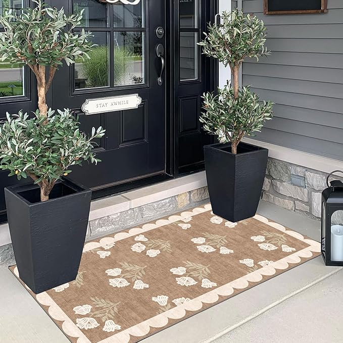 Outdoor Rug Floral Entryway Mat, Tan, 2 x 4.3 Ft, Non-Slip Backing