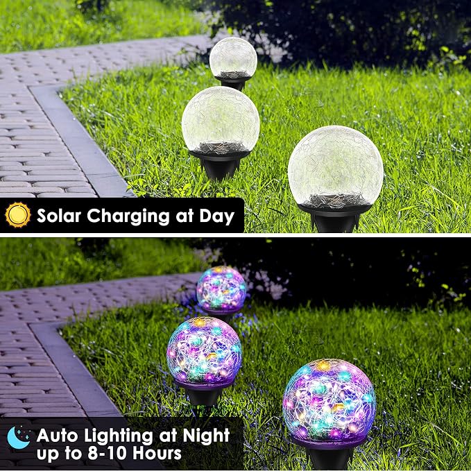 Solar Garden Lights, 4 Pack 120 LED Multicolor Cracked Glass Solar Outdoor - Image 2