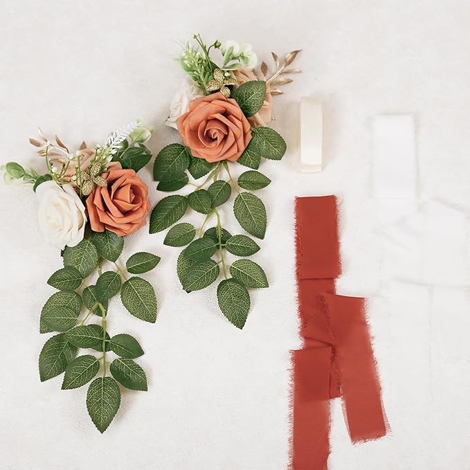 Artificial Flowers Set of 10 Terracotta Roses with 70cm Ribbon