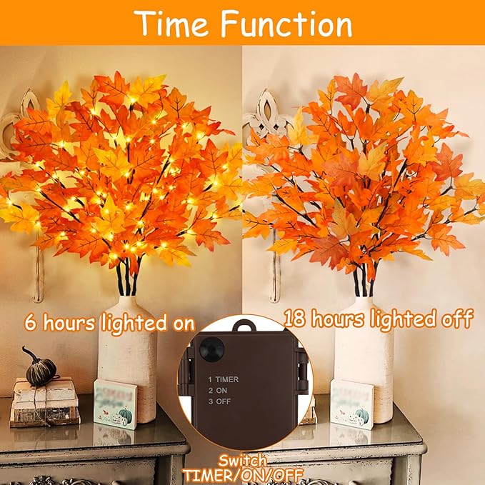 Artificial Fall Maple Leaf Branches, 3 Pcs Lighted Orange Stems with Timer