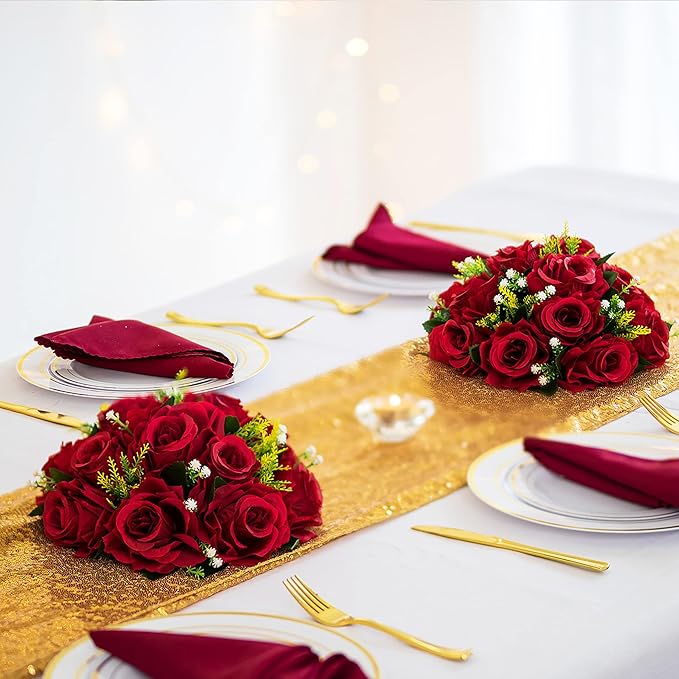 Artificial Rose Flower Ball, Crimson Faux Silk, Zip Ties Included