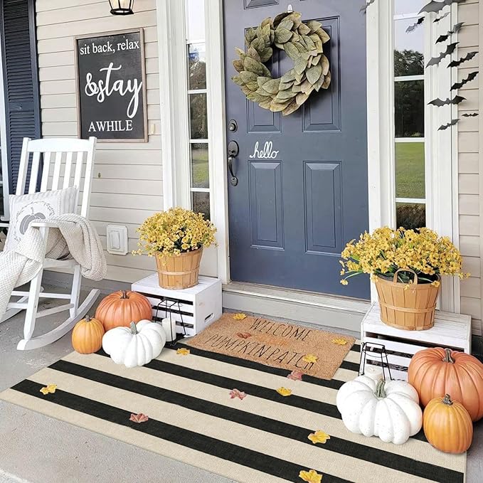 Outdoor Rugs, Black and White Striped Polyester Entry Mat, 3 x 5 ft