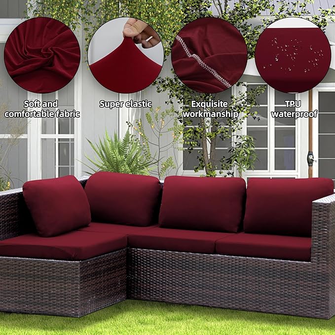 Sofa Covers, Stretch Outdoor Cushion Slipcovers, Wine Red, 14-Piece Set