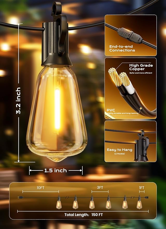 String Lights 150 Ft Black Shatterproof LED Patio Lights, Warm White