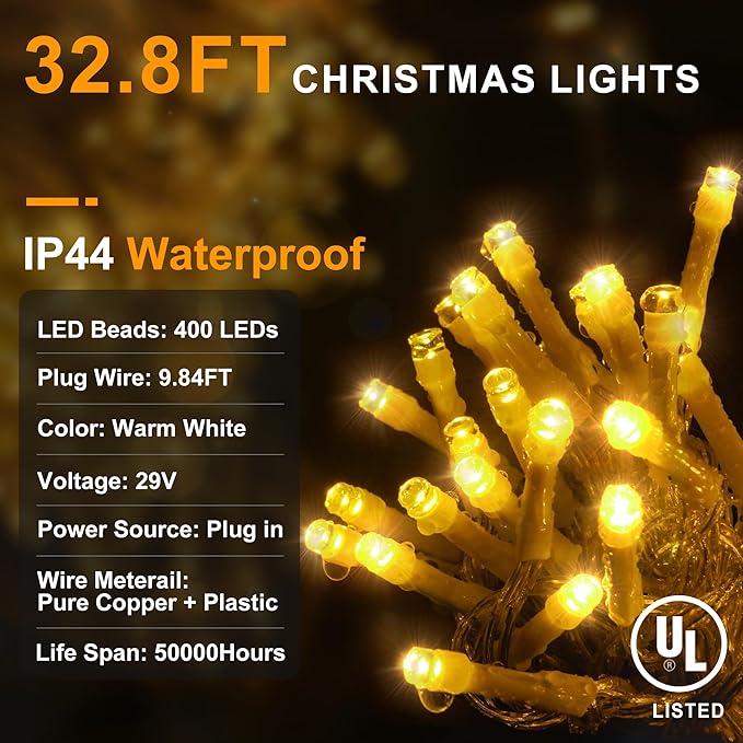 String Lights 400 LED 33ft Warm White Outdoor Christmas Decor