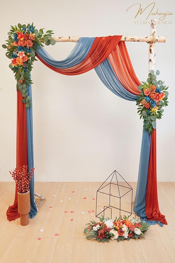 Artificial Flowers Arch Kit Burnt Orange and Dark Teal with 2 Chiffon Drapes