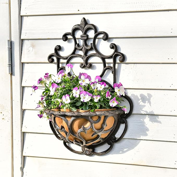 Hanging Planters: Rustic Brown Cast Iron Half Round Wall Baskets, Set of 2