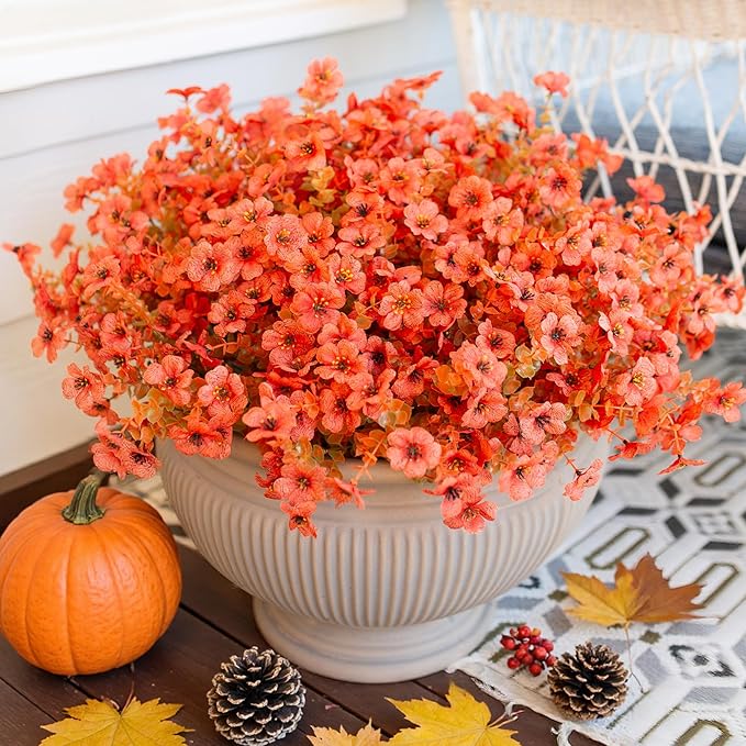 Artificial Daisy Flowers, 12 Bundles, Orange with Eucalyptus Leaves