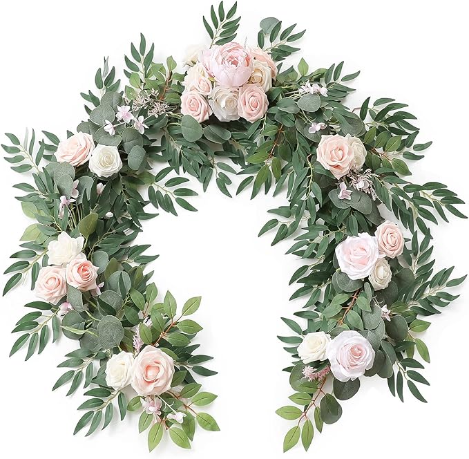 Artificial Flowers Garland, 6 Ft Blush and Cream Eucalyptus Vine