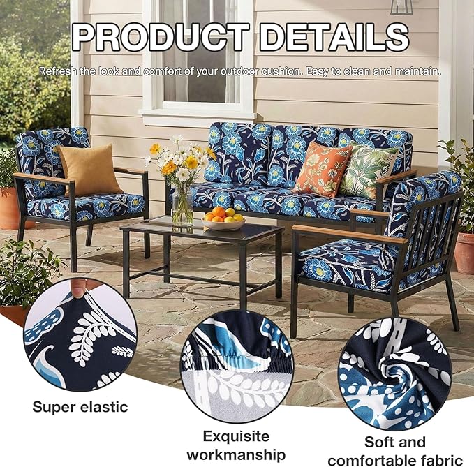 Outdoor Cushion Covers, 8-Piece Bluebell Stretch Set for Patio Chairs