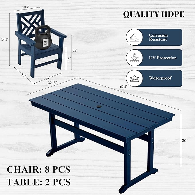 HDPE Outdoor Dining Set, 10-Piece Outdoor Table and Chairs Include 8 Dining - Image 2