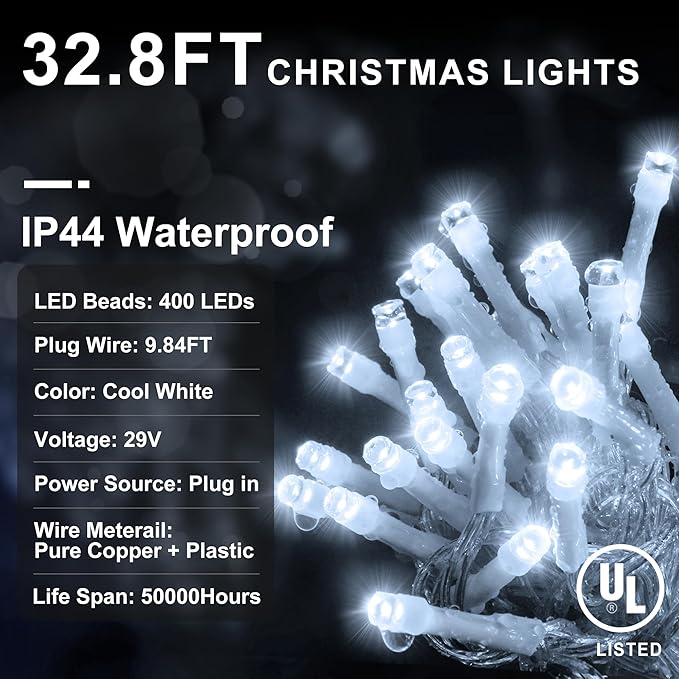 String Lights 400 LED 33 ft Cool White, Outdoor Use