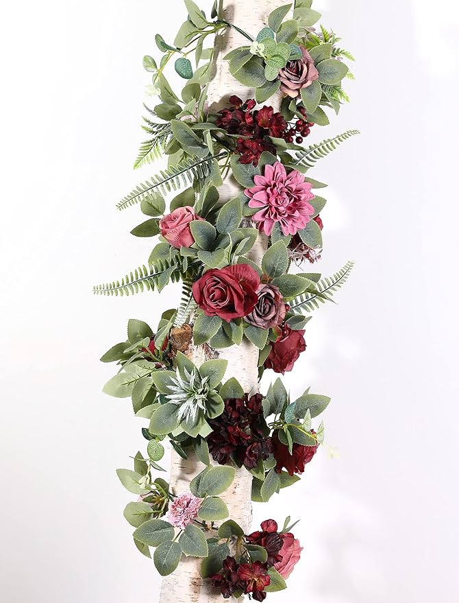 Artificial Flowers Burgundy Faux Silk Dahlia Set, 25 Pcs with Green Leaves
