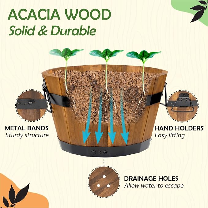 Idzo Set of 3 Wooden Flower Boxes Outdoor, Durable Acacia Wood Barrel Planters - Image 5