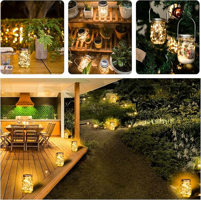 Lanterns, Clear Plastic Mason Jar Solar Lights, 8 Pack with Warm White LED