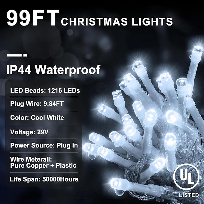 String Lights 100ft Cool White LED Outdoor Christmas Lights
