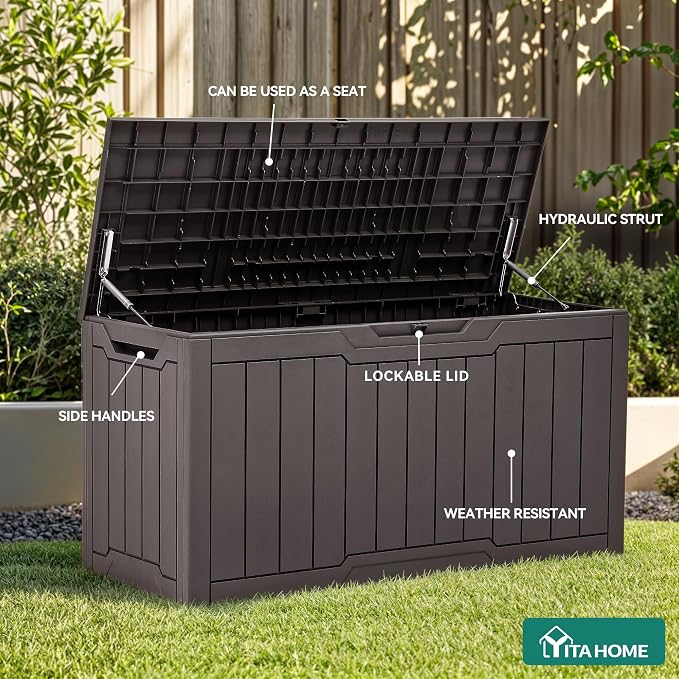 Deck Box, 100 Gallon Dark Brown Resin Lockable Storage