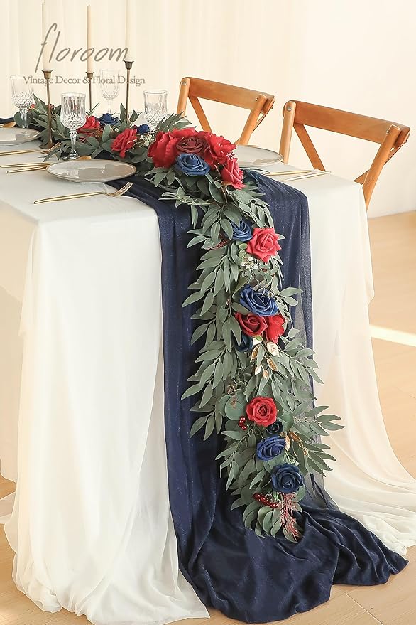 Artificial Flower Garland, 6 Ft Faux Silk Vine in Navy and Burgundy